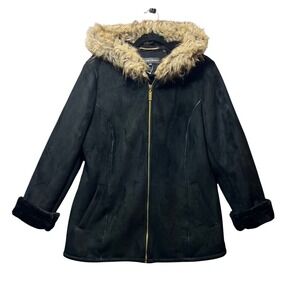 Ellen Tracy‎ Black Faux Suede Hooded Coat Gold Zipper Faux Fur Trim Large